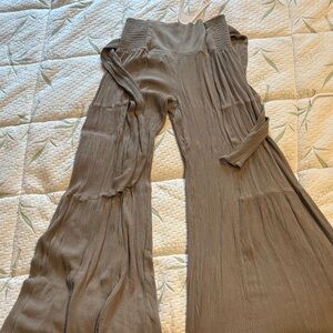 Rewash Taupe Wide-Leg Pleated Knit Jumpsuit